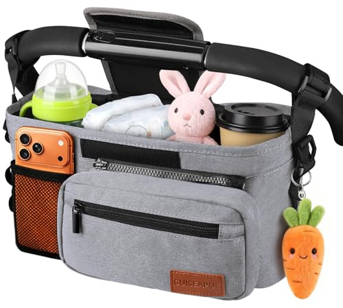 Universal Kinderwagen Organizer: Großer Kapazität Kinderwagentasche, Grau | Getränkehalter/Becherhalter für Kinderwagen Buggy Organizer Zubehör, Windeltasche, Baby Erstausstattung Neugeborene