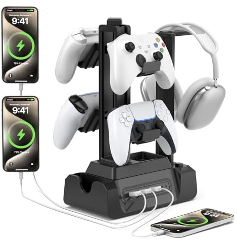 KDD Station de Recharge pour Plusieurs Appareils - Station de Charge à 4 Ports avec Porte Manette & Casque - 3 Ports USB A et 1 Port USB C pour Téléphone, Tablette - Accessoires Gaming