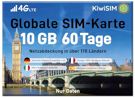 KiwiSim Prepaid SIM Karte - 4G LTE & Globale Nutzung in 170 Ländern/Regionen | Kompatibel mit Telefónica, O₂, Vodafone | Für Smartphones, Hotspots u.a. Geräten (10GB60Tage)