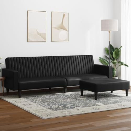 LoogCape 2-TLG. Schlafsofa Schwarz Kunstleder, Verwandlungssofa mit Fußhocker, 220 cm Breite, Klappfunktion für Wohnzimmer, Gästezimmer, modernes Design, Robustes Material