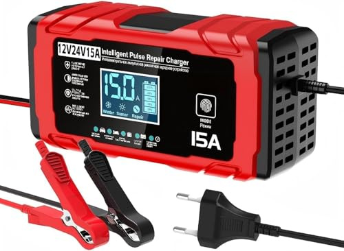 HAUSPROFI Chargeur Batterie Voitures 12V 15A/24V 8A Intelligent Réparation | Charge Rapide, 9 Protections, Grand écran Tactile LED, Régénère Batterie plomb lifepo4 Auto Moto, Mode été/hiver thermorégulé