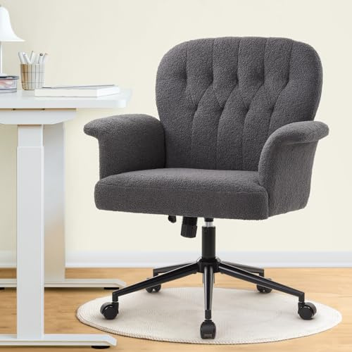 IWMH Schreibtischstuhl, Teddyfell Schminkstuhl mit Rollen und Armlehnen | Moderner Höhenverstellbar Homeoffice Stuhl mit Breiter Sitzfläche, Drehstuhl für Schlafzimmer,Wohnzimmer (Dunkelgrau)