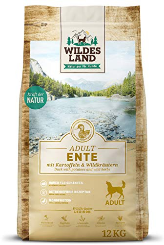 Wildes Land - Nr. 2 Ente - 12 kg - mit Kartoffeln und Wildkräutern - Glutenfrei - Trockenfutter für Hunde - Hundefutter mit hohem Fleischanteil Hohe Verträglichkeit