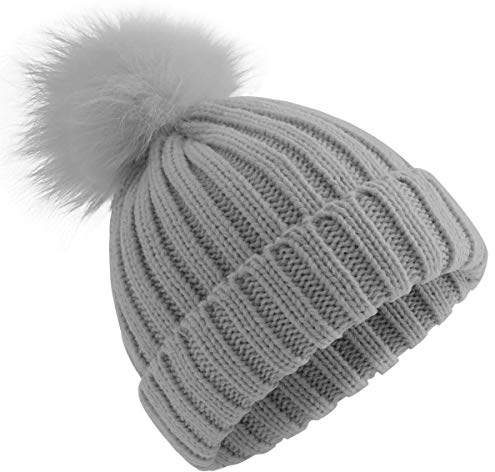 feifanshop Damen Echtfell Fuchspelz Fell Pelz Bommel Strick Mütze Winter-Mütze Bommelmütze (Grau)
