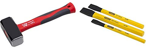 Meister Fäustel - 1250 g Kopfgewicht - Hochwertiger Stahlkopf - Komfortabler Fiberglas-Stiel & Stanley Präzisionsflachmeissel-Set (3-teilig, Chrom-Vanadium Stahl)