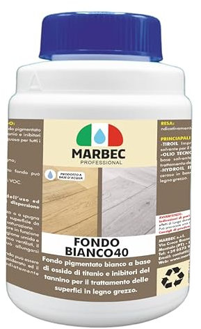 MARBEC FONDO BIANCO40 1KG Fondo pigmentato bianco a base di ossido di titanio e inibitori del tannino per il trattamento delle superfici in legno grezzo.