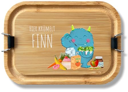 LOOXIS Boîte à lunch personnalisée en acier inoxydable, couvercle bois de bambou, nom et motif - séparateur, 800ml - Idée cadeau enfant, rentrée des classes, anniversaire, Bento Box, to go - Monstre