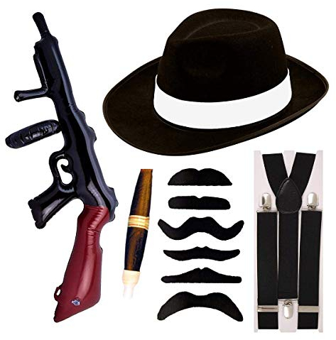 RARA® Gangster-Kostüm-Set für Erwachsene, Unisex, 1920er-Jahre, schwarzer Hut, falscher Schnurrbart, Hosenträger, aufblasbare Pistole, falsche Zigarre