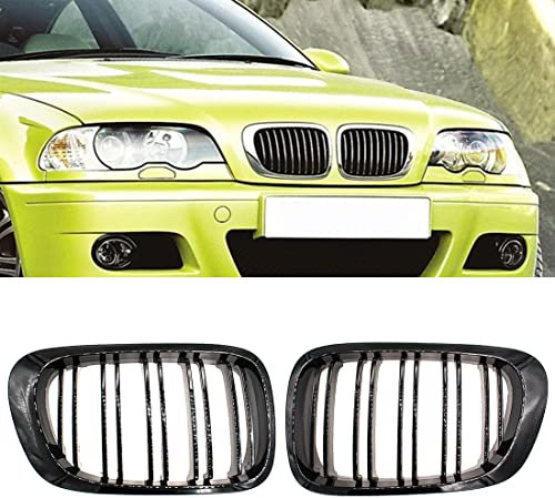 HZYCKJ Rejillas frontales de radiador Para BMW 3 Series E46 1998-2001 Rejilla delantera del riñón Rejilla superior delantera del coche Malla Brillante Negro Carbono Doble listón