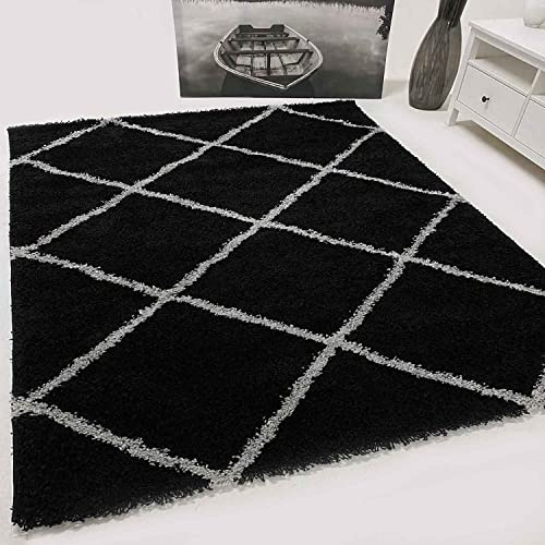 Hochflor Teppich Wohnzimmer Shaggy weich modern Rauten Muster Grau Anthrazit Creme Schwarz Rot Lila Beige, Farbe:Schwarz/Grau, Maße:200x280 cm