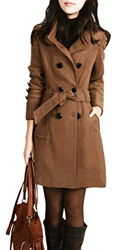 Womens Wool Blend Pea Coat Casual Winter Jacket Double Breasted Lapel Trench Coats with Belt (14, Camel)