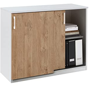 boho office® be.smart - Schiebetürenschrank mit 2 Türen und höhenverstellbaren Einlegeböden in weiß mit Front in Eiche und weißen Griffen