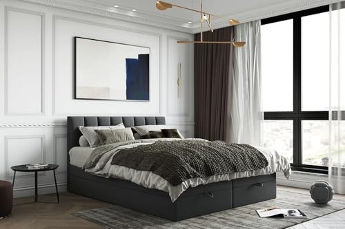 TRADA Boxspringbett, 160 x 200 cm, Gusto, Dunkelgrau | Bett mit Topper aus Memory Visco und Bettkasten mit Gasautomaten