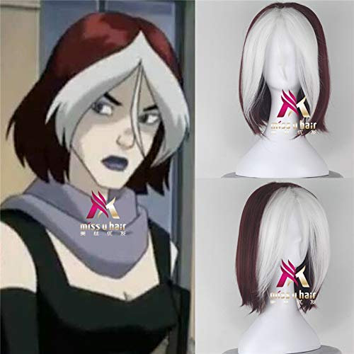 Wig Anime Cosplay X-Men: Rogue Perücke Haarkostüme Anna Marie Kurze Perücke rot und weiße Frauen Cosplay Perücke + Perücke Kappe