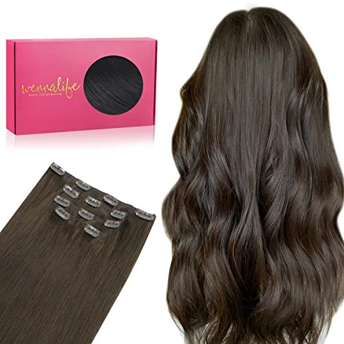 WENNALIFE Extensiones de Clip de Pelo Natural, 40cm 75g 5 Piezas Castaño Oscuro Claro Extensiones de Clip Natural Remy Cabello Humano Extensiones Pelo Natural Extensiones de Clip