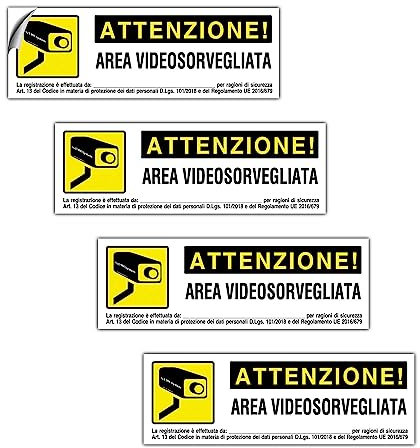 EVM 4 Cartelli Videosorveglianza Adesivi Area Videosorvegliata in PVC Morbido impermeabile piccoli (4-150x50 mm)