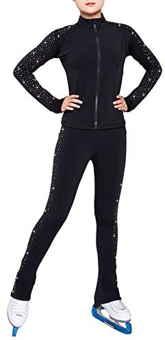 Songyi Kristall Eiskunstlauf Thermo Anzüge Jacke und Hose Strumpfhose Lange Hosen für Mädchen Frauen Training Eislaufen Warme Gymnastik Strumpfhosen(Size:3XL,Color:Schwarz-dünn)