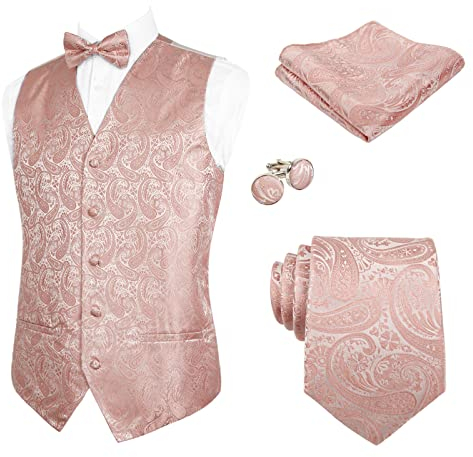 Alizeal Herren Weste Krawatte Hanky Manschettenknöpfe und Fliege Set Paisley Classic 5pc, Rosa-3XL