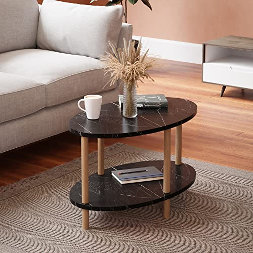 [en.casa] Couchtisch Højreby Sofatisch mit 1 Ablage oval Wohnzimmer 70 x 44 x 43 cm Beine aus Buchenholz Marmoroptik, schwarz