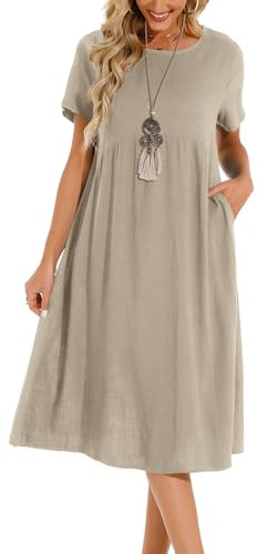 Lpecmin Womens Summer Dresses Casual Short Sleeve Round Neck Midi A Line Cotton Linen Sundress with Pockets(Khaki-01, Large)