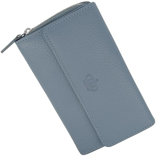 Baur Damen Geldbörse Echt Leder Geldtasche | Geldbeutel mit RFID Schutz | großes Portemonnaie viele Kartenfächer | Wallet mit Druckknopf & Reißverschluss Münzfach | Damen-Geldbörsen (Tauben-Blau)