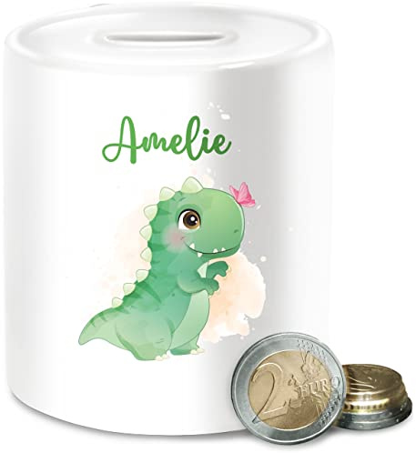 Spardose - Dinosaurier - Dino mit Schmetterling - Unisize - Weiß - Kinder personalisierte Tier Dinos spardosen für wiederverschließbar Junge Tieren saurier sparbüchse Dinosaur urzeittiere