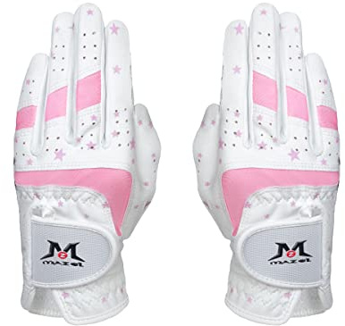 MAZEL Kids Golf Gloves for Youth Toddler Boys Girls, Right & Left Hand (1 Pair) Mircofiber Breathable Junior Golf Gloves, White Red Pink Blue Black Stars Color,Age 3-8 (Black Stars-Pink, L(Age 7-8))