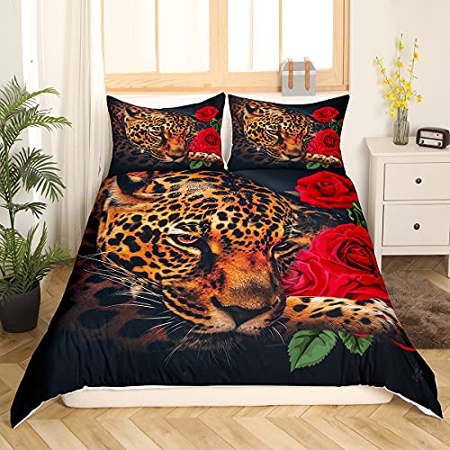 3D Leopard Bettwäsche Mädchen Jungen Rot Rose Bettwäsche Set 155x220cm Kinder Dekorative Safari Gepard Drucken Bettbezug Daunendecke Wildes Tier Thema Bettwäsche-Set Luxus 2St
