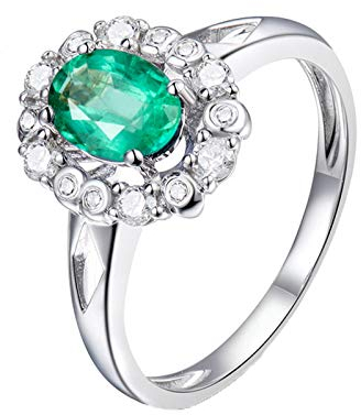 Lieson Damenring Weißgold 750 18K, Verlobung Ringe Frauen Hohl Blume 0.79ct Oval Smaragd mit 0.24ct Diamant Hochzeit Ringe Weißgold Große 60 (19.1)
