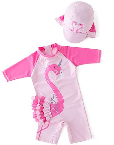 Tyidalin Mädchen Badeanzug Einteiler Baby Bademode Schwimmanzug UV-Schutz Kinder Badebekleidung mit Sonnenhut, Hellrosa, 92-98 (Etikette 4)