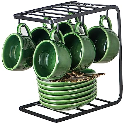 vicrays Ceramic Espresso Coffee Cups - 4 oz Porcelain Espresso Cups Set with Saucers Spoons and Metal Stand for Tea Cafe Cappuccino Latte - Set of 6 - Green