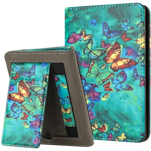 MOKASE per 6 Kindle Paperwhite 5/6/7a Generazione Custodia 2012,2013,2015,2016 (Modello: EY21 / DP75SDI), Custodia rigida in pelle PU, Risveglio/Sonno Automatico con Cinghia a Mano, Green Butterflies