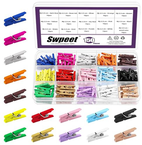 Swpeet Lot de 150 mini pinces à linge en bois naturel de 2,5 cm - 15 couleurs - Résistantes à la rouille - Pour salle de classe, photos, travaux manuels, petites cartes décoratives