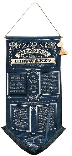 Warner Bros Harry Potter Alumni Hanging Banner – Quidditch Rules Wall Décor with Gold Embellishments, Tassel & Hogwarts Seal – Blue Fabric Wall Hanging for Wizarding Fans, Bedroom or Game Room Display