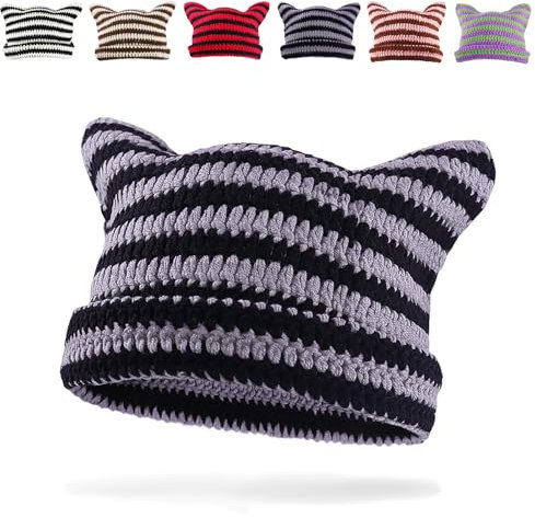 GLGHMH Damen-Beanie-Mütze mit Katzenohren, gestreift, Winter, warm, elastisch, passende Strickmütze für Kinder, Mädchen, Erwachsene, Schwarz / Grau, L
