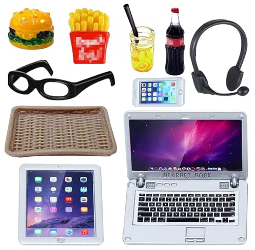 ARONRAVE Puppenhaus Lernen Zubehör, 10 Stück Miniatur Laptop Set Wichtel zubehör Mini Brille Hamburger Cola Pommes Getränke Tablett Miniatur Deko Mini Puppenhaus