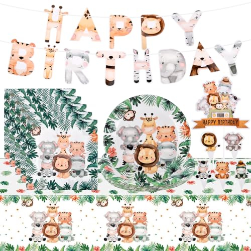 BATINO Dschungel Safari Partygeschirr Set, 67 Stück Safari Geburtstagsdeko Pappteller Dschungel Geburtstag Servietten Tischdecke und Banner für Deko Junge, Wild One Geburtstag Deko
