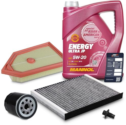BESTPRICE Inspektionspaket Filterset mit 1x Ölfilter; 1x Innenraumfilter; 1x Luftfilter; 5l Motoröl 5W-20 MANNOL ENERGY ULTRA JP; 1x Ölwechselanhänger Kompatibel mit FORD FIESTA Mk7