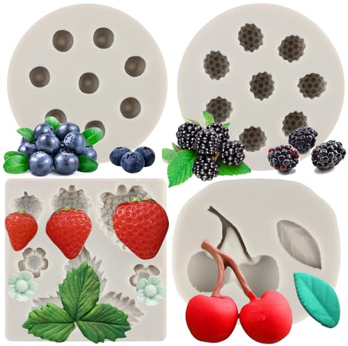 MYPRACS Moldes de silicona para fondant de arándanos, frambuesa, cereza, fresa, pastel, fondant, serie bayas, pasta de azúcar, para decoración de chocolate, caramelo, cupcakes, decoración de arcilla