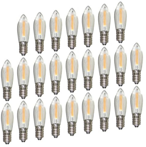 Erzgebirgslicht - AUSWAHL - 25 Stück LED Filament Topkerze 8 V 0,2 W für INNEN, für 28-30 Brennstellen E10 Riffelkerze Ersatzbirne Glühbirne Glühlämpchen für Lichterketten Pyramide Schwibbogen