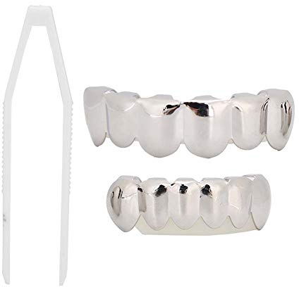 BRRNOO Zähne-Grills für Männer & Frauen, Hip Hop Zahnschmuck, Glänzende Zähne-Zubehör, Fashion Grills für Halloween Party & Daily Use (Silber)