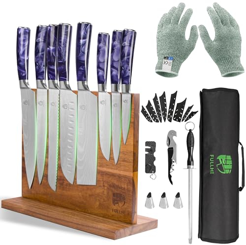 FULLHI 15-Piece Japanese Knife Set with Magnetic Knife Block Holder, Stainless Steel Knives, Purple Resin Ergonomic Handles for Professional and Home Cooking