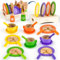 Wooden Tea Set for Toddlers Toy Kitchen Accessories 27 PCS Kids Pots and Pans Playset Wooden Play Food for Toddlers Girls Boys Age 2 3 4 (Color)
