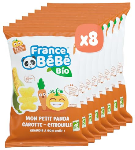 FRANCE BéBé BIO - Biscuit Petit panda de maïs soufflé Carotte-Citrouille - Vegan - Lot 8 sachets de 25g