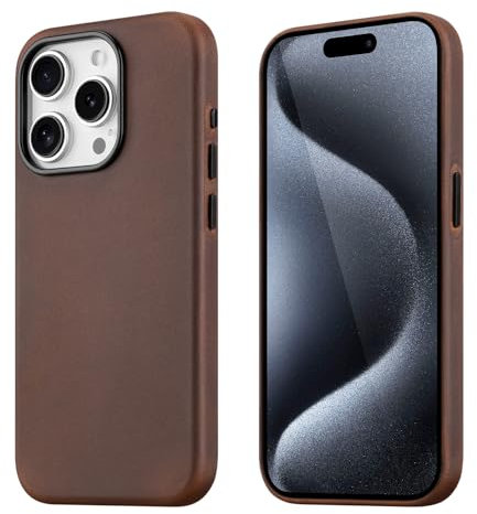 maogoam for iPhone 15 Pro Max Case Leather, Genuine Crazy Horse Leather Case for iPhone 15 Pro Max,Compatible with MagSafe, Indiana-Jones Style, Dark Brown