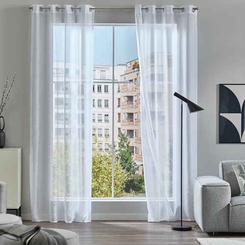 Como Gardinen 2er Set Vorhänge Weiß 250 x 140 cm Sablé-Optik - Transparente, lichtdurchlässige Ösenschals aus Polyester für Wohnzimmer, Kinderzimmer, Schlafzimmer, Büro