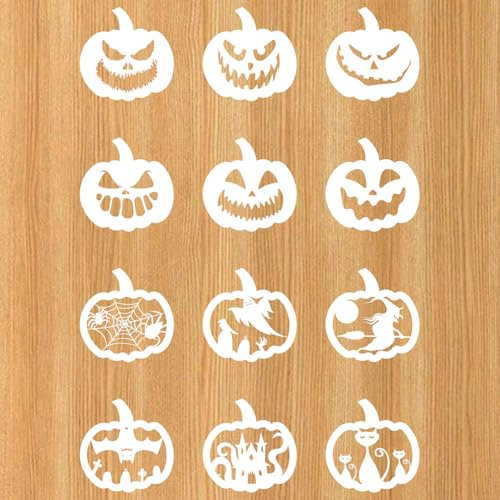 12pcs Halloween Drawing Stencils, Plastic Halloween Stencils Reusable Pumpkin Carving Stencil Halloween Painting Templates for Fabric Glass Furniture and Wall Art(Style 1)