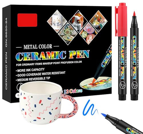 Katyjun Keramik Bemalen Set Porzellanstifte, Stifte Zum Steine Bemalen,Wasserfester Porzellanstift, 12 Farben für Zeichnungsmuster Und Designkreationen Verschiedenen Porzellan