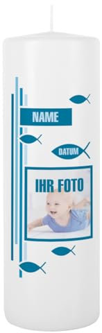 Striefchen® Taufkerze mit Foto, Namen u. Taufdatum, blau 8 x 25 cm (Kreuz)