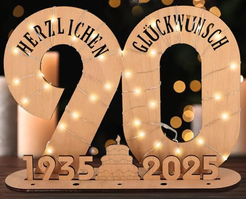 Giftota - 2025 Originelle 90 Geburtstag Geschenk Frauen & Männer - Geldgeschenke Geburtstag 90 mit LED Lichterkette Ständer - Holz-Schild Gästebuch - 90 Geburtstag Deko - Personalisierbares Geschenk
